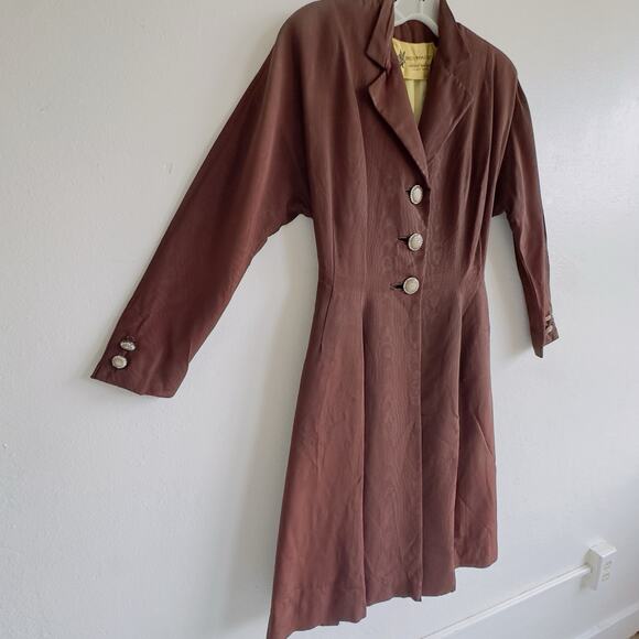 Vintage 1950s Rothmoor Swing Coat Rhinestone Buttons Brown Moiré Fabric Small - Picture 3 of 9
